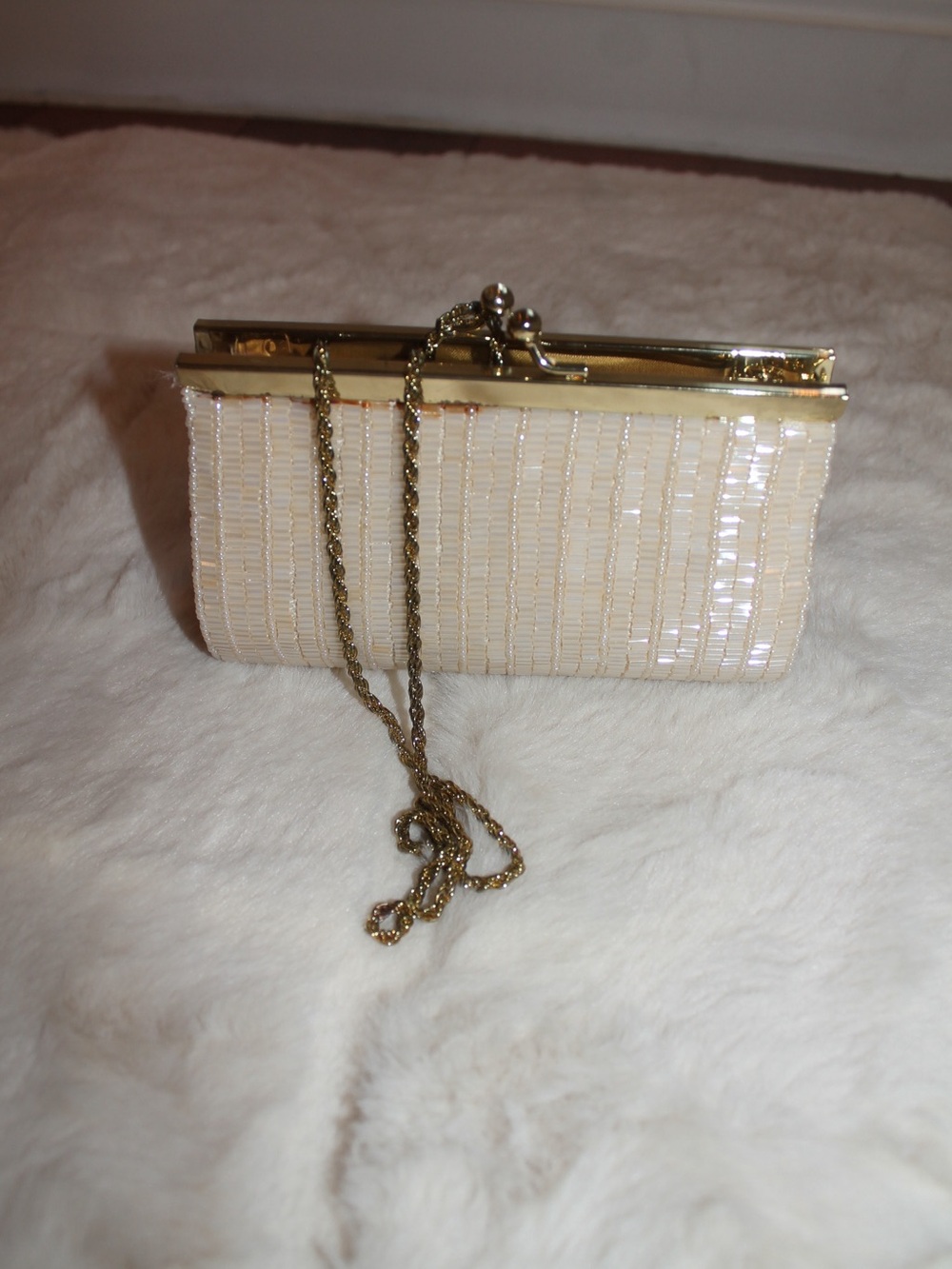 Vintage Ivory Beaded Clutch with Gold Frame and Chain